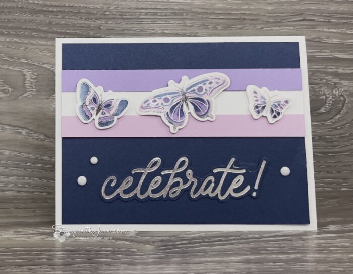 Card made with three silver hot foil butterflies and narrow Night of Navy cardstock strips