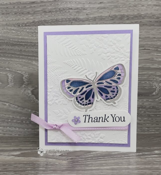 Elegant silver hot foil butterfly card in Fresh Freesia, Highland Heather and Night of Navy