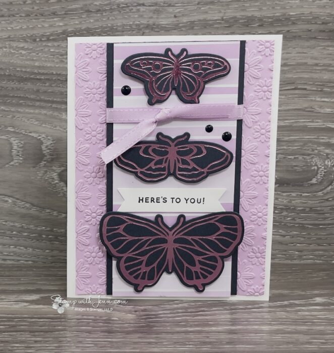 Finished Night of Navy card featuring three Light Pink Hot Foil butterflies