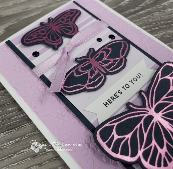 Close-up of Light Pink Hot Foil butterflies on Night of Navy cardstock