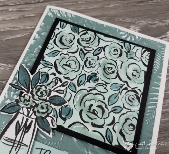 Close up of Artisan Sketched Garden Designer Series Paper coloured with Pool Party Lost Lagoon and Pretty Peacock