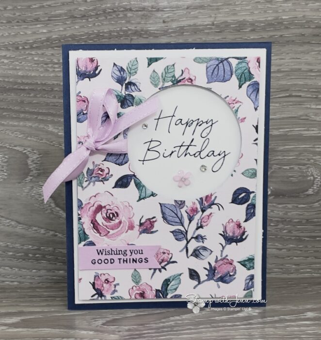 Easy birthday card using Floral Charm Designer Series Paper with Night of Navy and Fresh Freesia