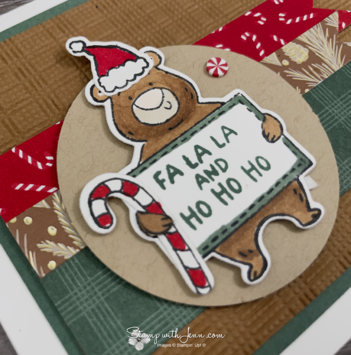 Christmas Crew bear holding a candy cane with a layered paper paw for added dimension.