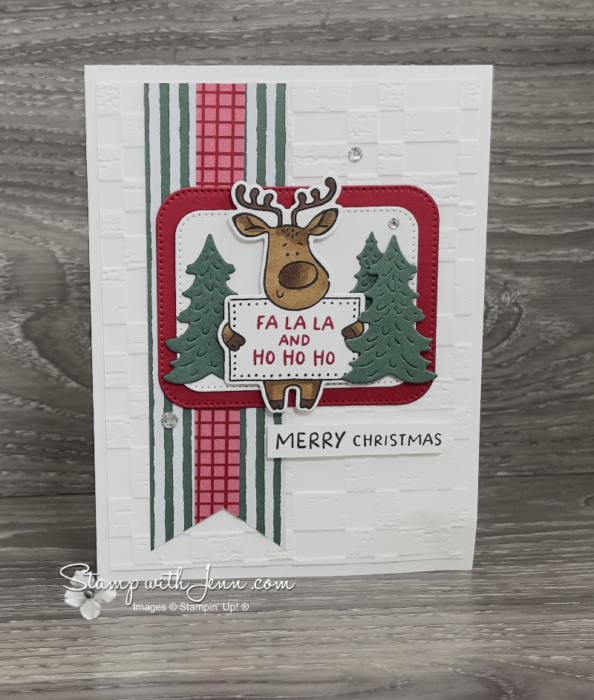 Reindeer Christmas card with three strips of coordinating patterned paper