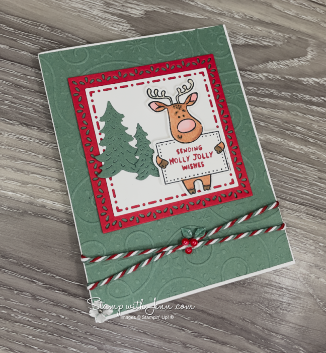 Christmas Crew reindeer card with green embossed background