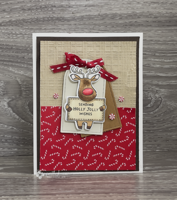 Reindeer Christmas card with layered stitched tags and candy cane patterned paper