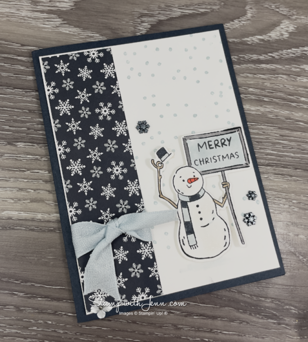 Cloud Cover and Secret Sea Colours on this snowman Christmas card made with the Stampin' Up! Christmas Crew Bundle.