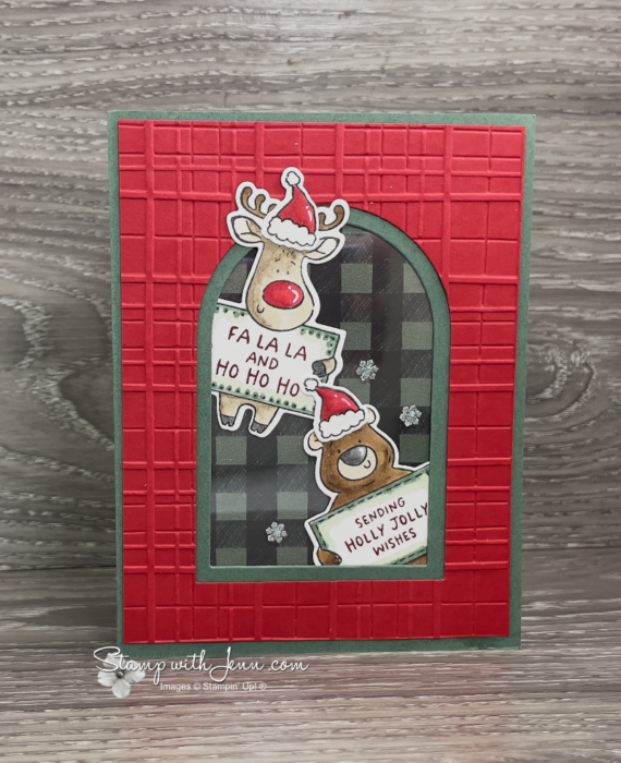 Christmas card with two Christmas Crew characters and a window sheet layer that acts like an actual window.